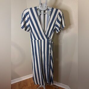 Rag Poets Blue and White Flutter Sleeve Wrap Midi Dress